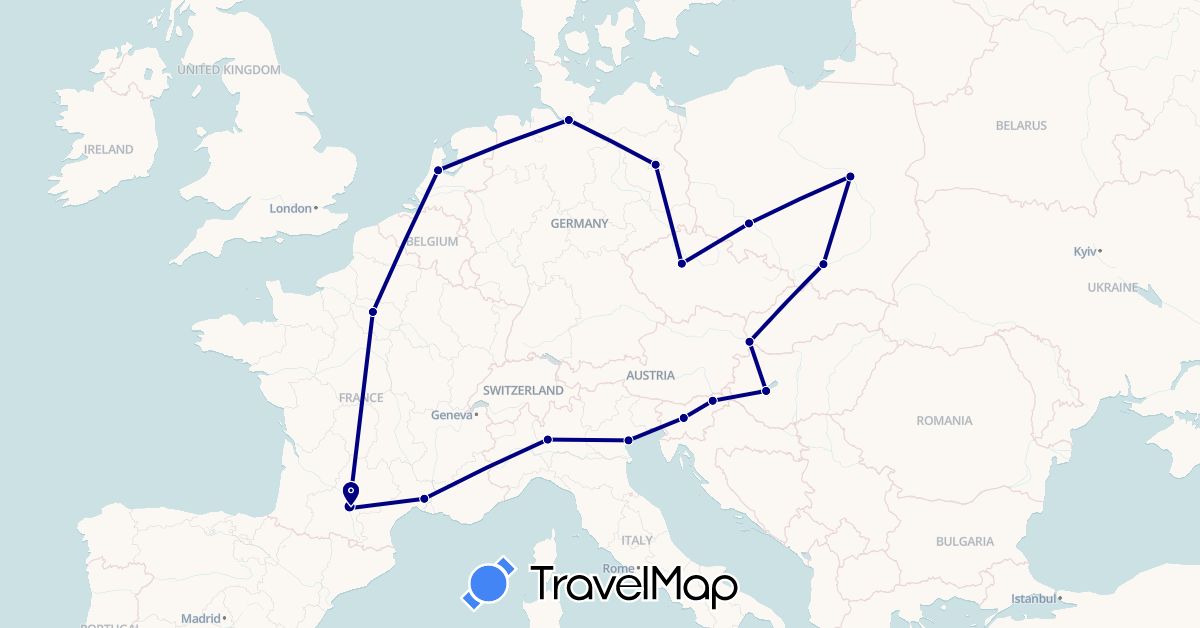 TravelMap itinerary: driving in Czech Republic, Germany, France, Hungary, Italy, Netherlands, Poland, Slovenia, Slovakia (Europe)